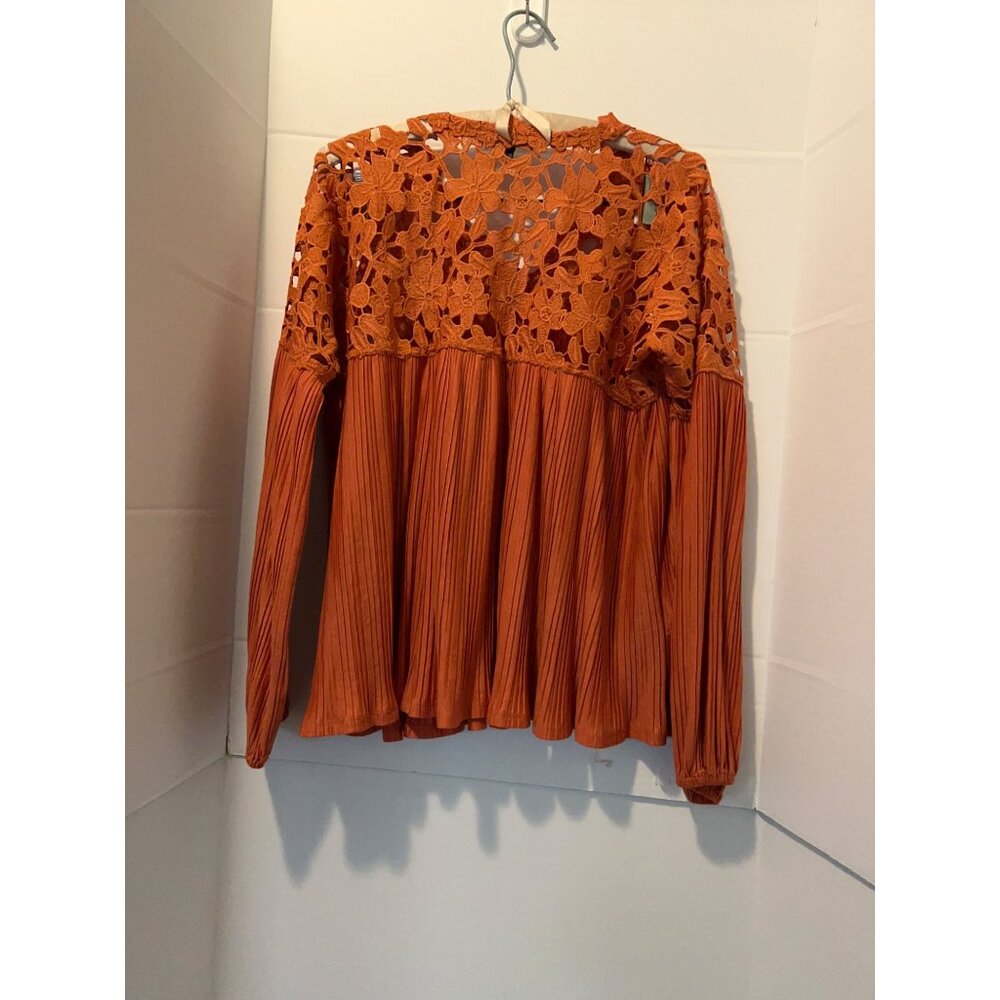Express Blouse Small Rust Orange Crochet Lace Pleated Long Sleeve Boho Top Peasa